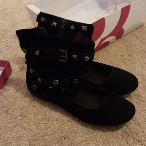 Black suede flats with ankle wrap